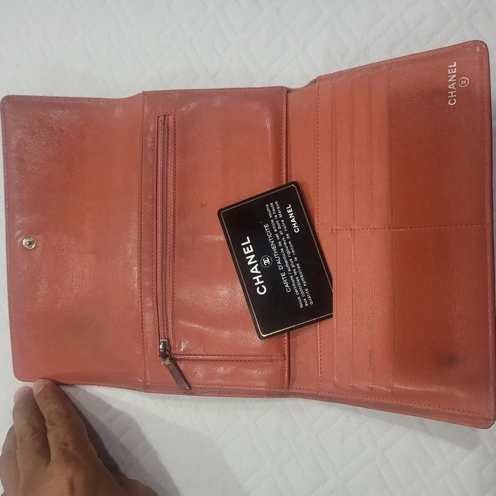 CHANEL Quilted Orange Matelasse Gold CC Logo Patent Leather Long Bifold Wallet.